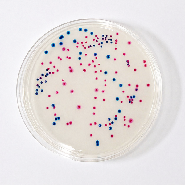 青:大腸菌（β-グルクロニダーゼ）、赤:大腸菌群（β-ガラクトシダーゼ）