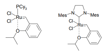 Hoveyda-Grubbs 触媒の第一世代（左）、第二世代（右）