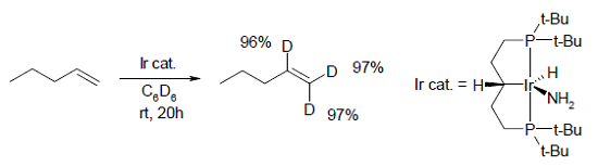 イリジウム錯体を触媒として、化合物を重ベンゼン中で撹拌すると、基質の sp2 炭素についた水素原子が重水素に変換される