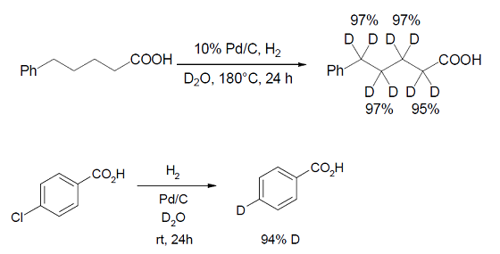 パラジウム炭素を触媒とし、水素ガス（重水素である必要はない）雰囲気下、重水中で目的の基質を加熱撹拌するだけで、アルキル基の水素原子が効率よく重水素に置き換わる