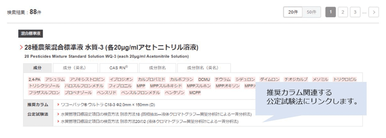 検索結果から推奨カラムや公定法試験法情報を見る