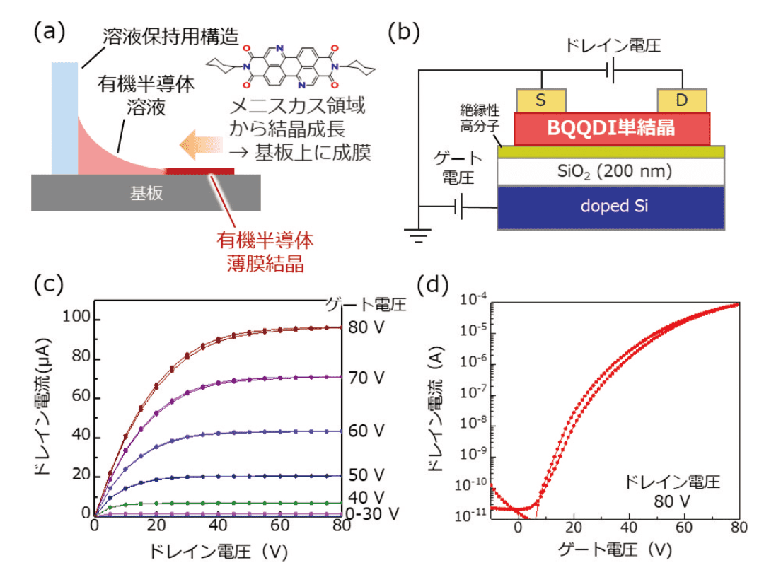 図４．塗布結晶化法を用いたCy6−BQQDI の単結晶OFET