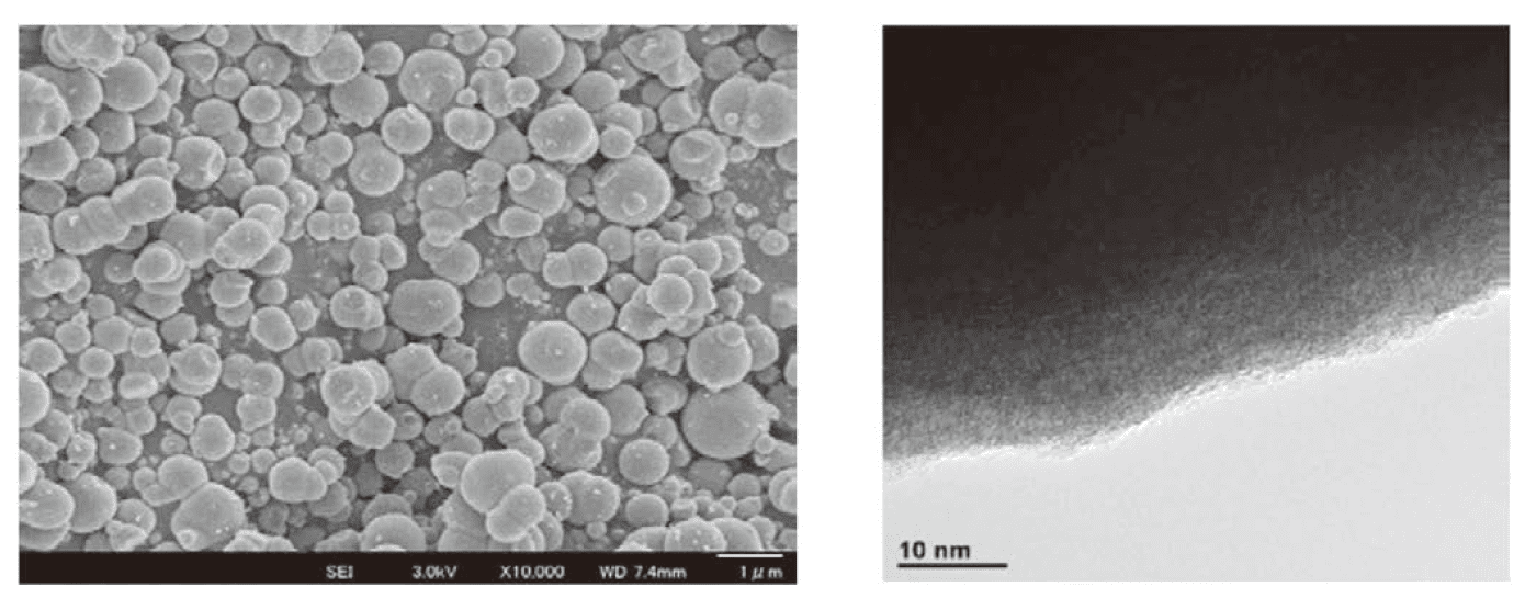 図６．球状多孔質ジルコニア粒子（左：SEM　右：TEM）