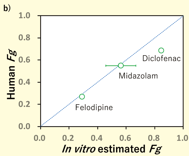 b）薬物のFg 値のIn vitro（式2 より計算）-In vivo（文献値）相関